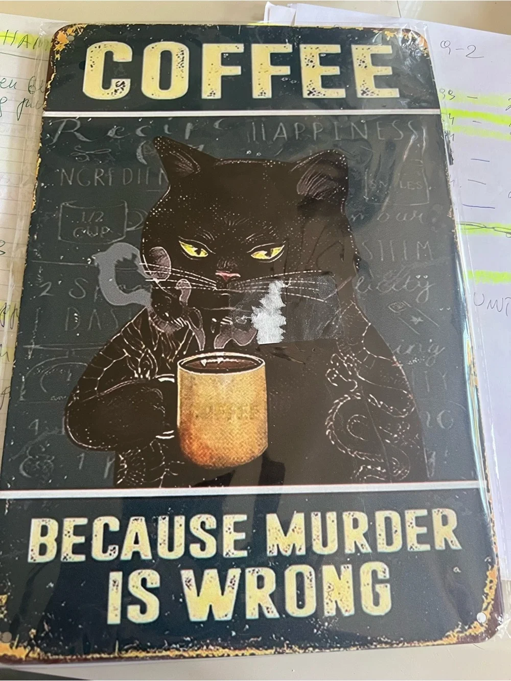 COFFEE Cat Metal Wall Sign - Black Cat with Yellow Accents 12”x8”